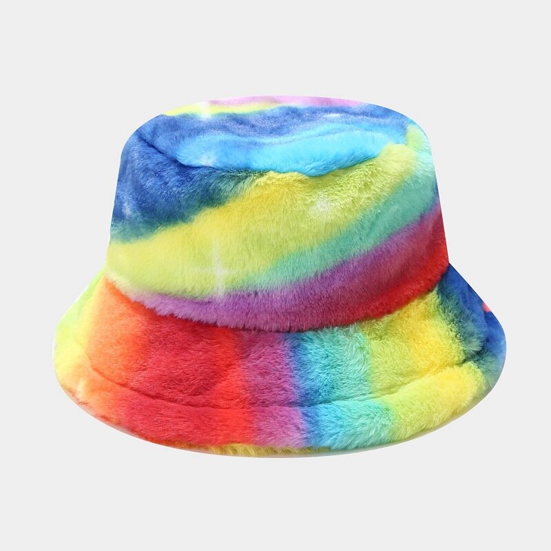 Autumn Winter Women Warm Faux Fox Fur Basin Cap Female Fashion Casual Furry Bucket hat Tie-Dyeing  Rainbow Thickened Hat