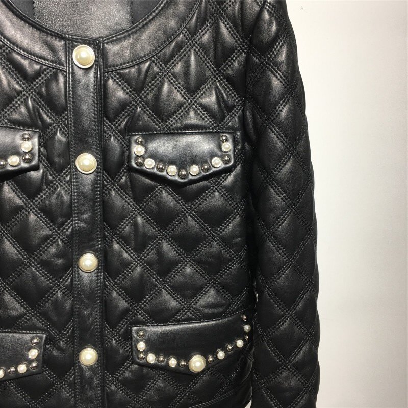 Female lambskin coat, elegant jacket with round collar with pearls and rivets