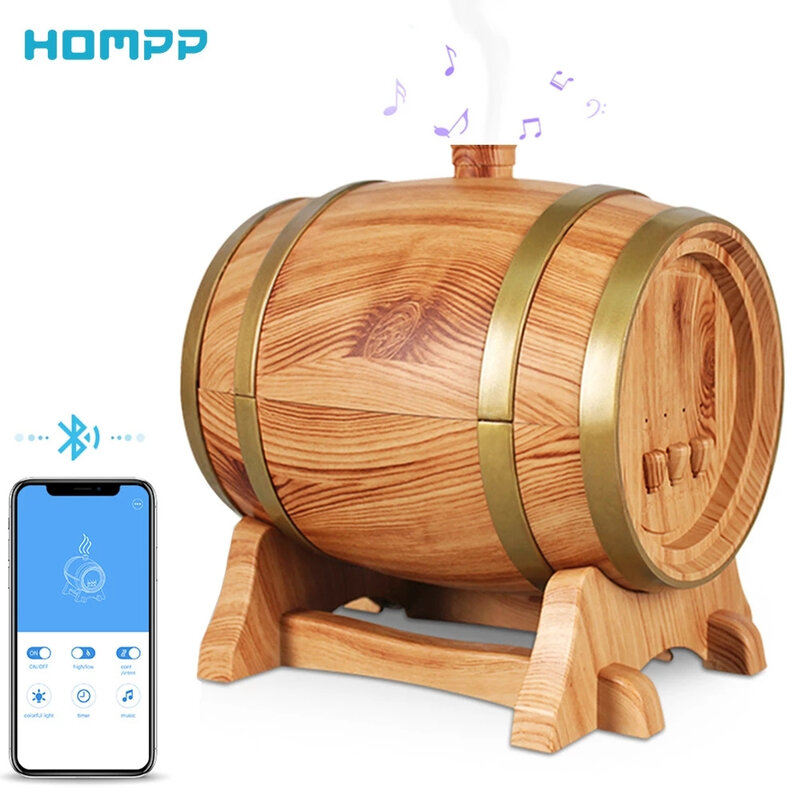 Kayu Bluetooth WiFi Penyebar Aromatik Butir Anggur Barel Minyak Esensial Pelembap Udara Speaker Semprot Pelembap Rumah Tangga