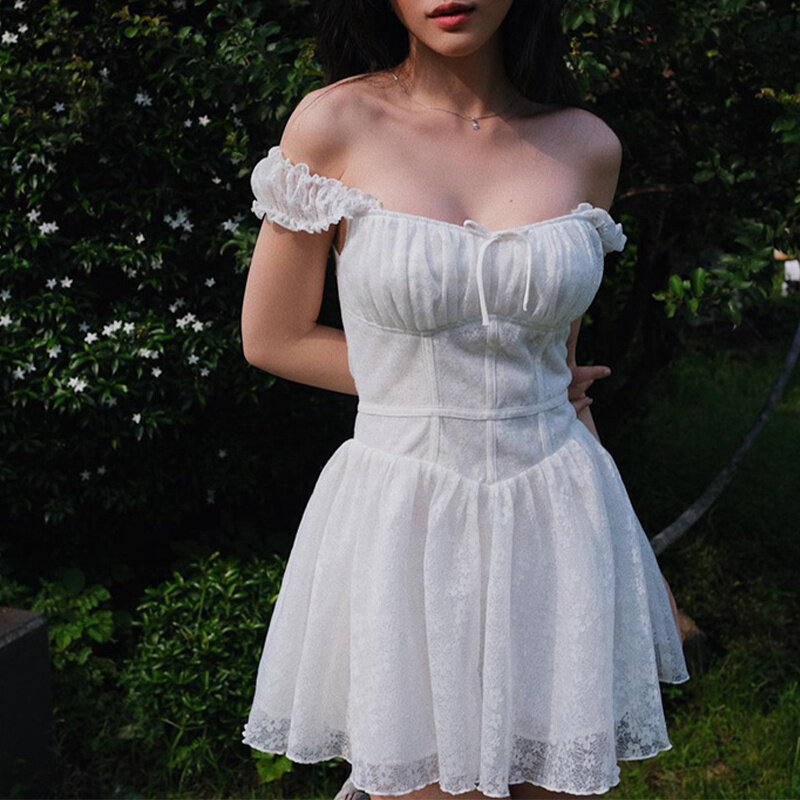 Hirigin y2k fairycore babados vestido de verão vitnage branco curto mini vestido retro cinta de espaguete chique feminino quadrado pescoço vestido