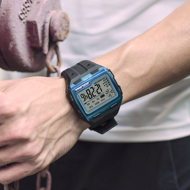 SYNOKE – montre de Sport pour hommes, chronographe étanche, grand cadran carré, alarme numérique multifonction