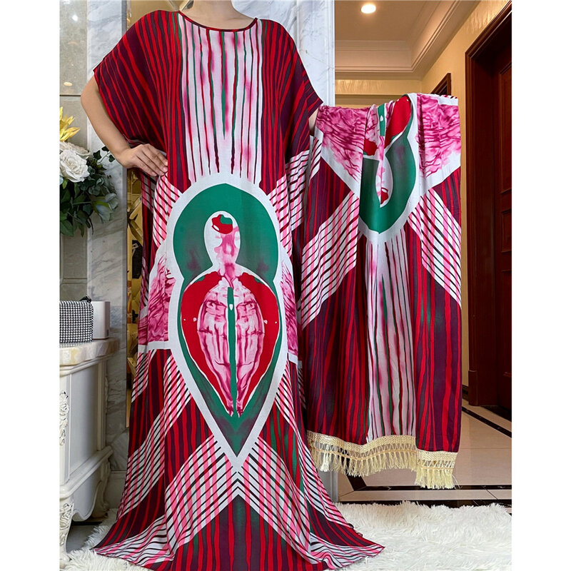 Gaun kain katun Batik Muslim dengan syal besar untuk wanita 2023 musim panas lengan pendek jubah wanita abaya tradisional Afrika Y12