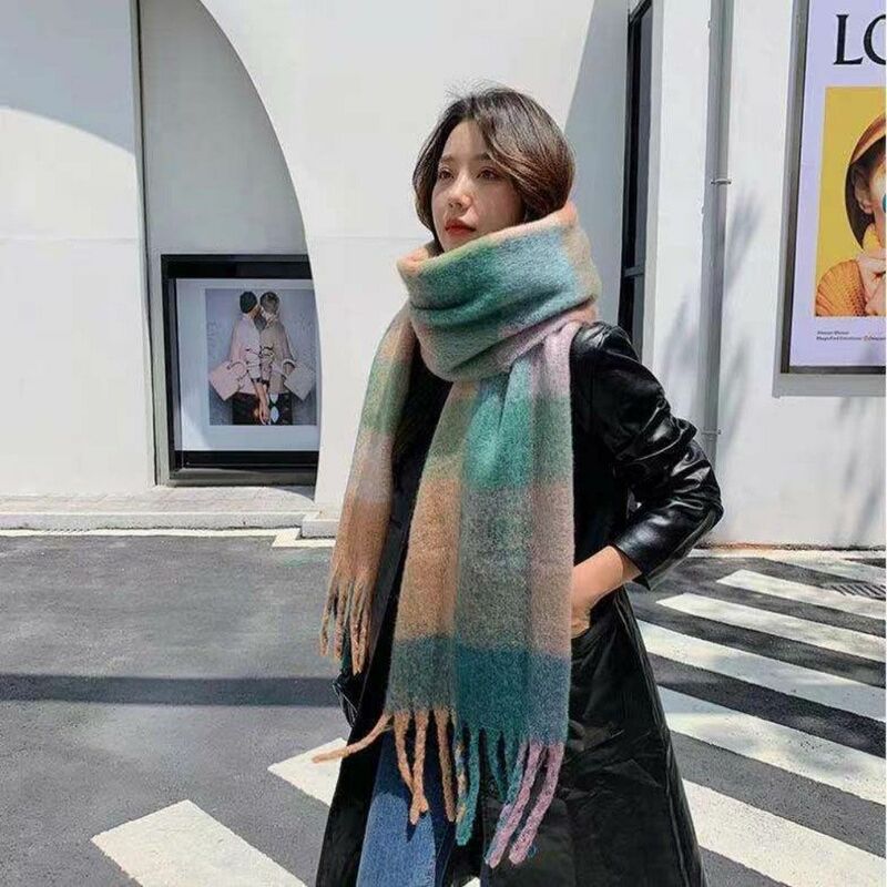 Four Color Female Korean Style Long Tassel Cashmere Scarf Gradient Tie Dye Scarf Thickened Scarf Rainbow Winter Plaid