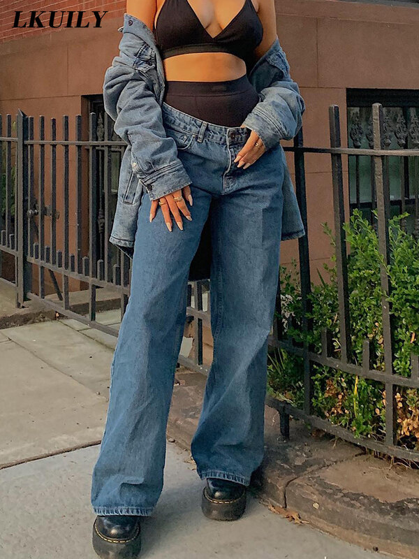 جينز غير رسمي للمرأة الفضفاضة موضة Famale ملابس الشارع الشهير عالية الخصر السراويل واسعة الساق فضفاض الجمالية الصلبة بنطلون مستقيم