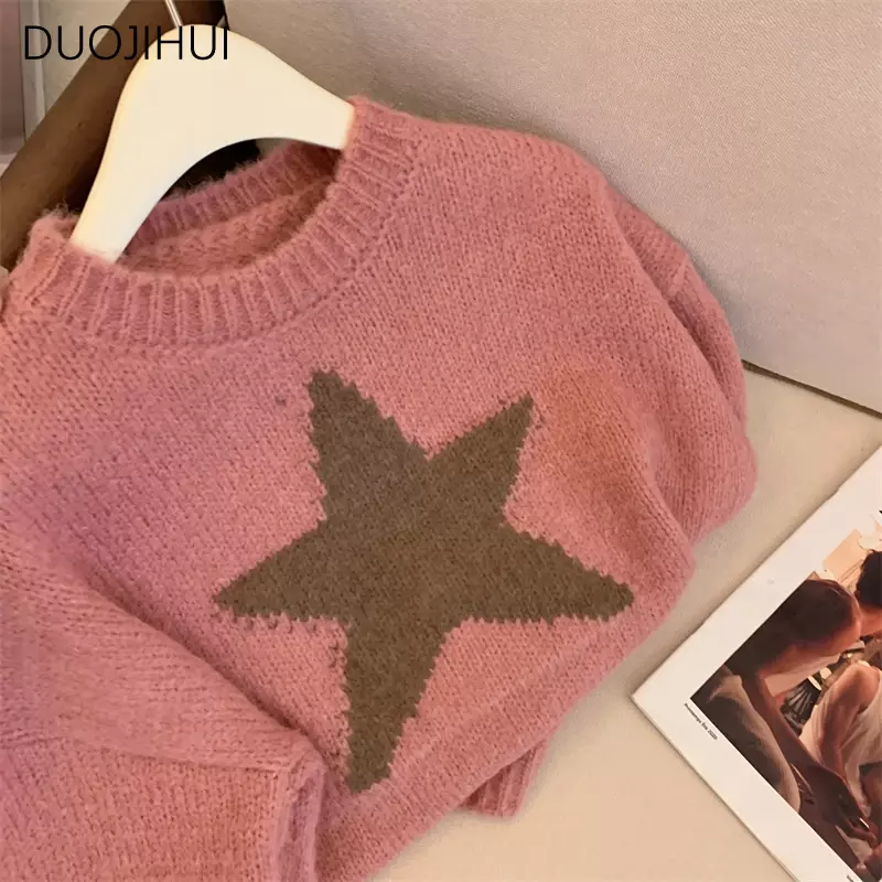 DUOJIHUI Classic O-neck Chic Star Sweater Women Pullovers New Basic Long Sleeve Fashion Pure Color Loose Casual Female Pullovers