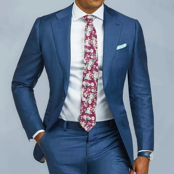 Azul formal masculino terno 2 peças fino ajuste único peito ternos dos homens sob medida do noivo smoking blazer para o casamento formatura calças jaqueta terno