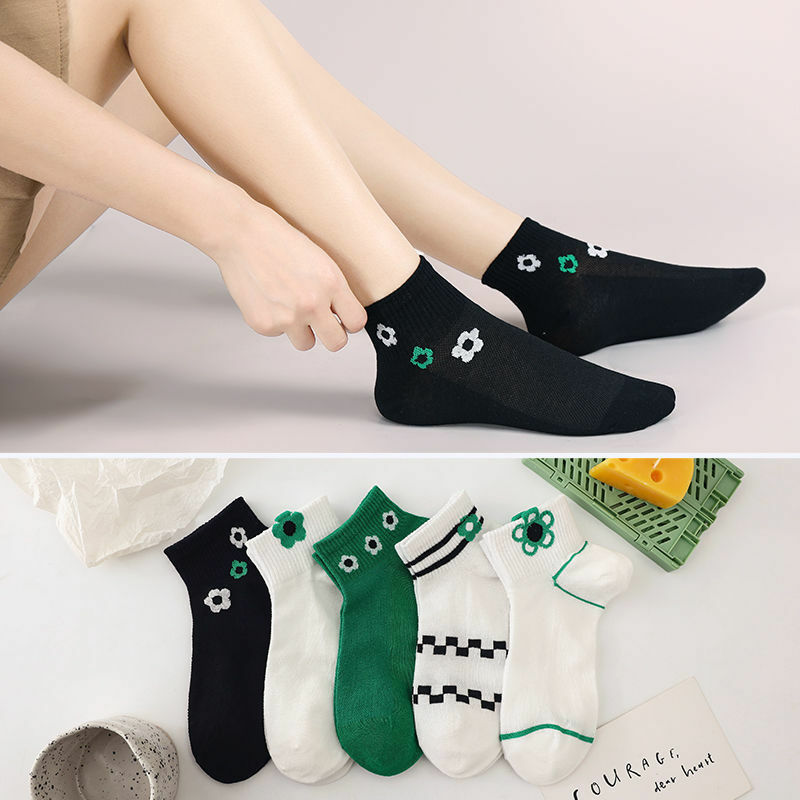 Короткие носки, женские носки-лодочки, милые весенне-летние носки-лодочки из чистого хлопка с неглубоким горлом, с цветами, зеленого цвета, в...