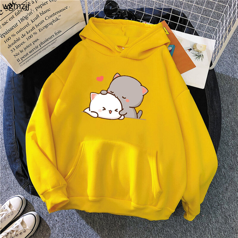 พีชแมว Kawaii เสื้อผ้าความงาม Hoodie 2021สีชมพูน่ารัก Tops Oversized Sweatshirt ผู้หญิงพิมพ์การ์ตูน Unisex Streetwear