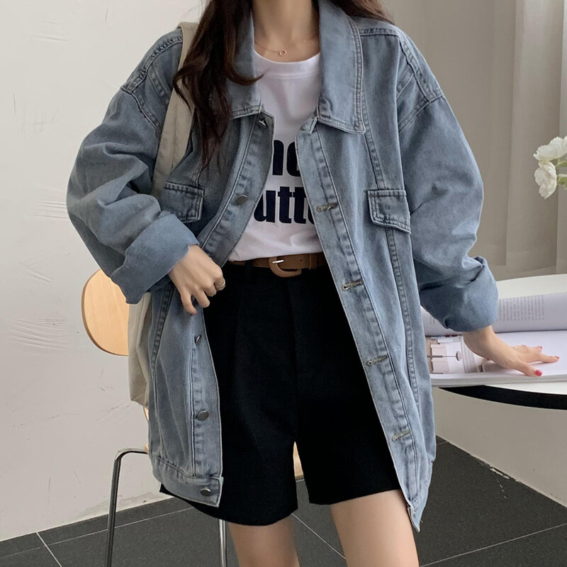 Jaqueta jeans de tamanho grande feminina plus size jean manga comprida casacos vintage y2k roupas coreanas para 2022 inverno e outono