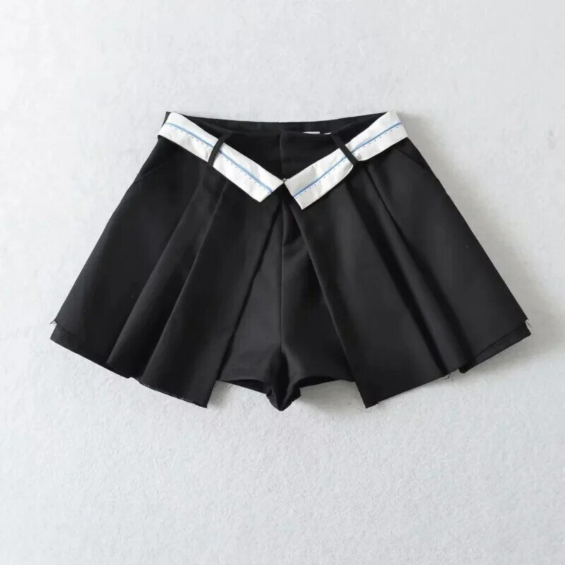 Pleated Culottes Women Fake Two-piece Shorts Skirts Sexy Color Contrast Irregular Turn Over Waist Hot Girls Anti Exposure Pants