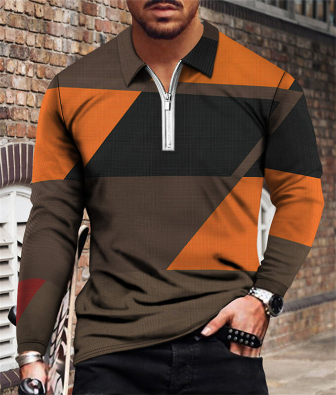 Men's Casual Outono Manga Longa Polo Camisas Homens Zip T Shirt Homens Tops Street Golf Clothing Masculino Geométrica Impressão Roupas 2022