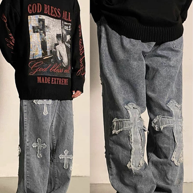 Y2K Men's jeans European and American high street cross embroidery hip-hop tide brand straight loose wide-leg pants ins hot sale