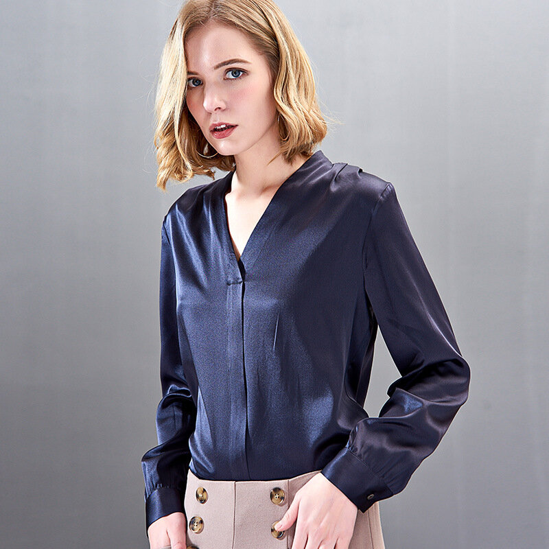Женская Офисная рубашка из чистого шелка, элегантная темно-синяя блузка с длинным рукавом и V-образным вырезом, облегающие Топы