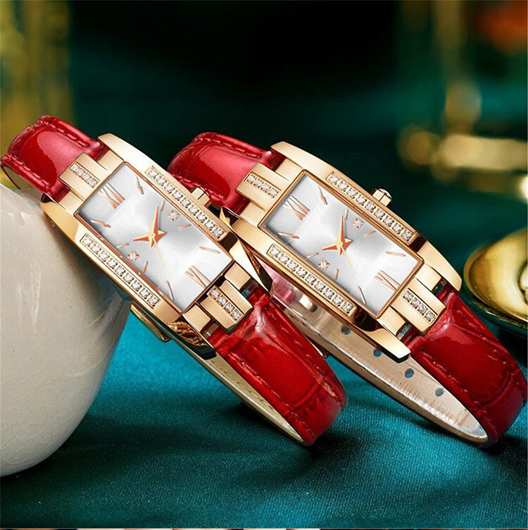 Reloj de pulsera cuadrado pequeño para mujer, pulsera decorativa con diamantes de correa roja, elegante, Retro, a la moda