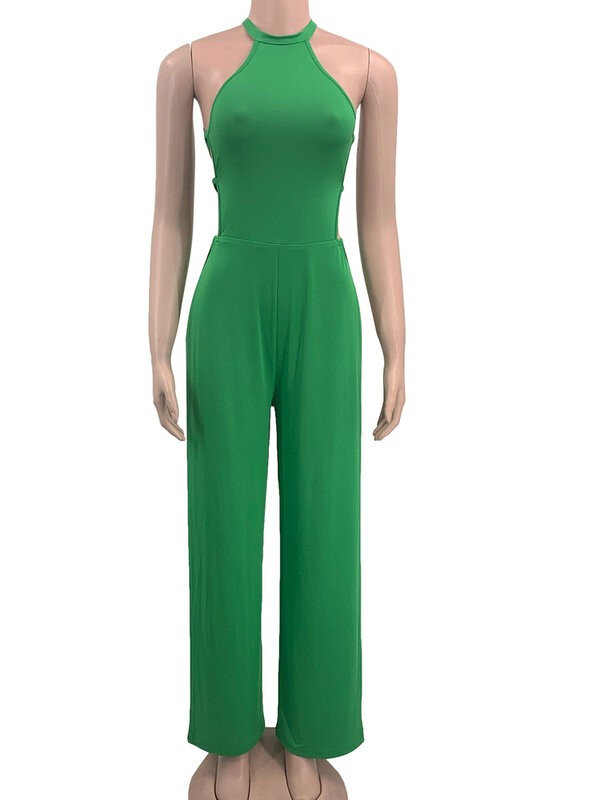 Bonnie Forest Fashion Halter Neck Backless Slit Legs Jumpsuits Casual Solid Bandage Wide Legs Jumpsuits Workout Overalls