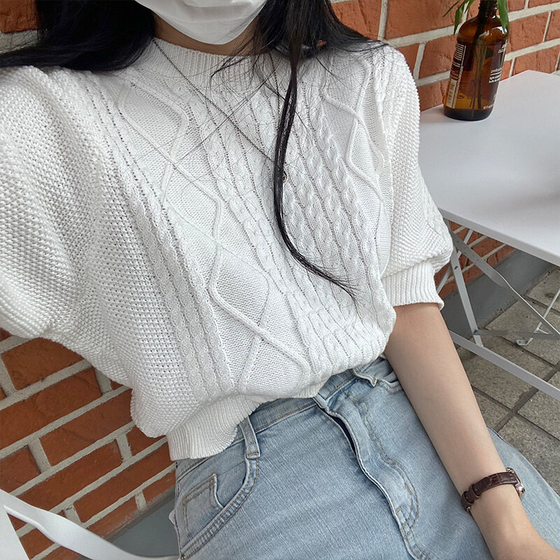 Donna francese bianco semplicità maglione lavorato a maglia girocollo manica corta Casual coreano Vintage moda Baggy signore top estate