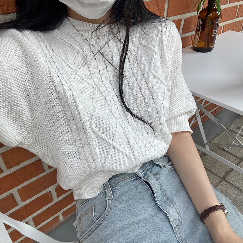 Frauen Französisch Weiß Einfachheit Stricken Pullover Rundhals Kurzarm Casual Koreanische Vintage Mode Baggy Damen Tops Sommer