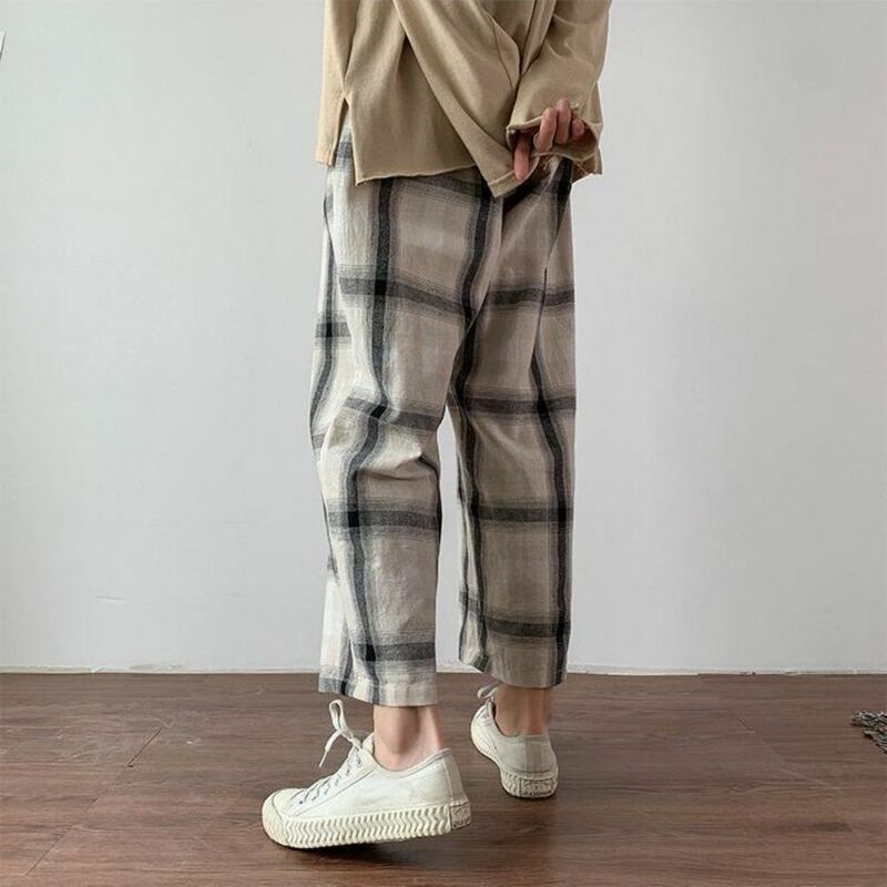 Calças xadrez verão moda solta japonês perna larga calças oversize casual retro vintage straight streetwear harajuku skate