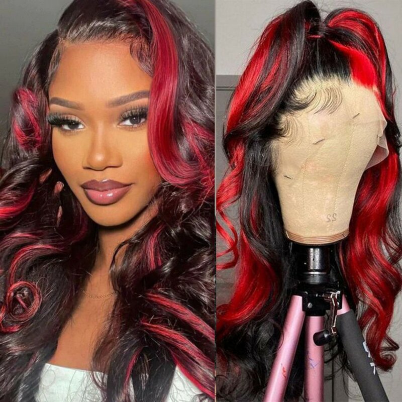 Wig Highlight Renda Wig Sintetis untuk Wanita Merah dengan Gelombang Tubuh Hitam Tanpa Lem Wig Garis Rambut Sebelum Dipetik dengan Cosplay Rambut Bayi