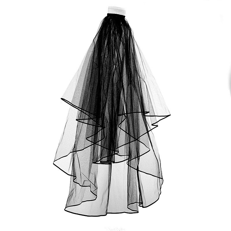Velo de novia con peine de inserción, vestido de novia negro, tocado ondulado de doble capa