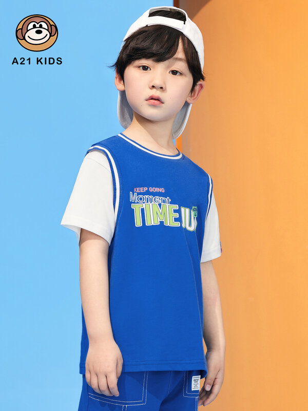 A21boy – T-shirt à manches courtes, tricoté en coton pur, ample et décontracté, faux deux pièces, col rond, pour enfants, nouvelle collection été 2022