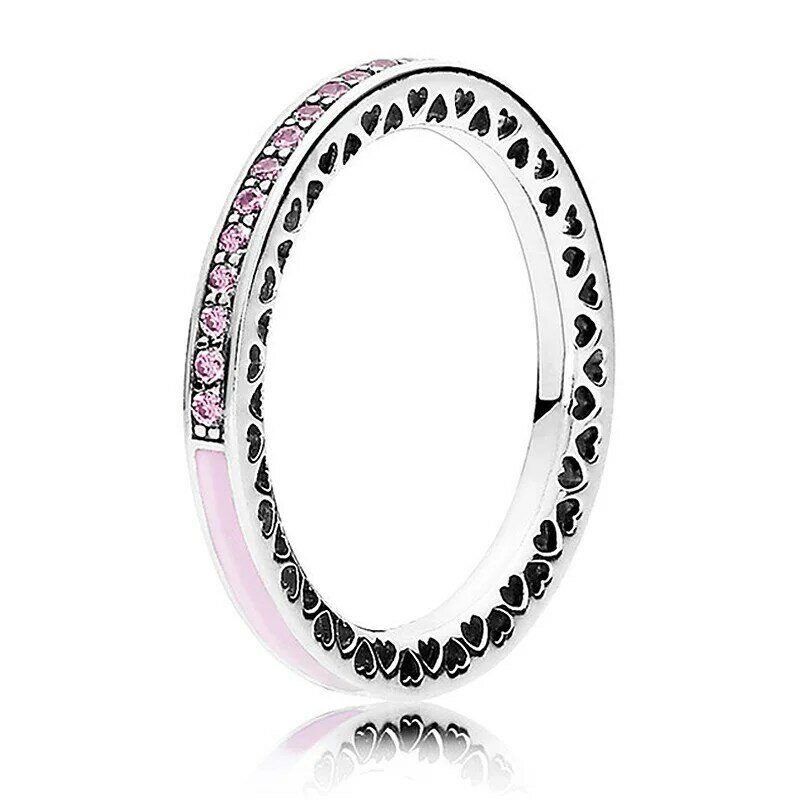 Cincin Perak Murni 925 Baru Cincin Enamel Solitaire Bentuk Hati Bercahaya Mawar dengan Kristal untuk Hadiah Perhiasan Wanita
