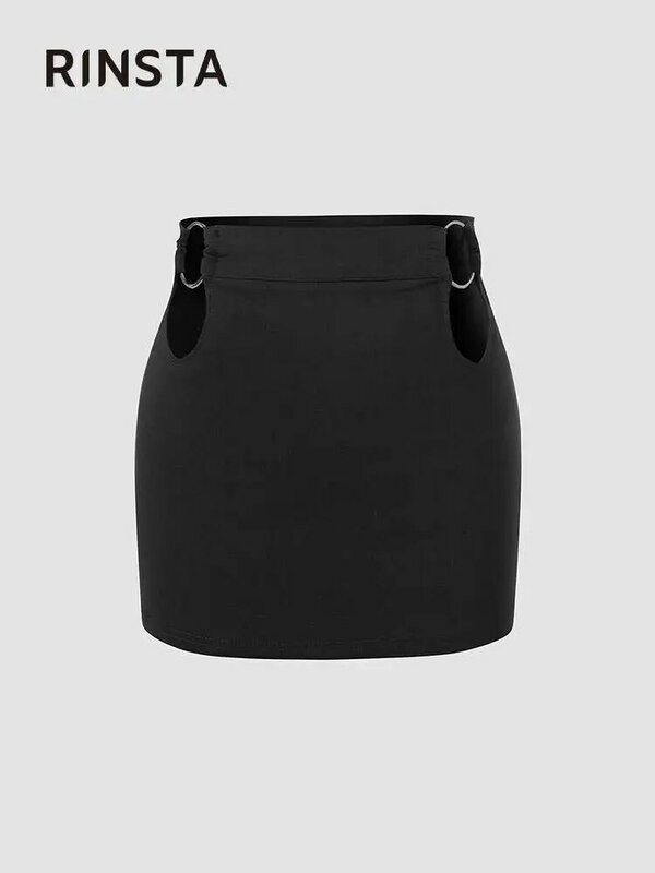 RINSTA 2022 Fashion Summer Women Skirts Zipper Hollow Out Black Beach Sexy Party Skinny Cut Out Double O-rings Side Mini Skirt
