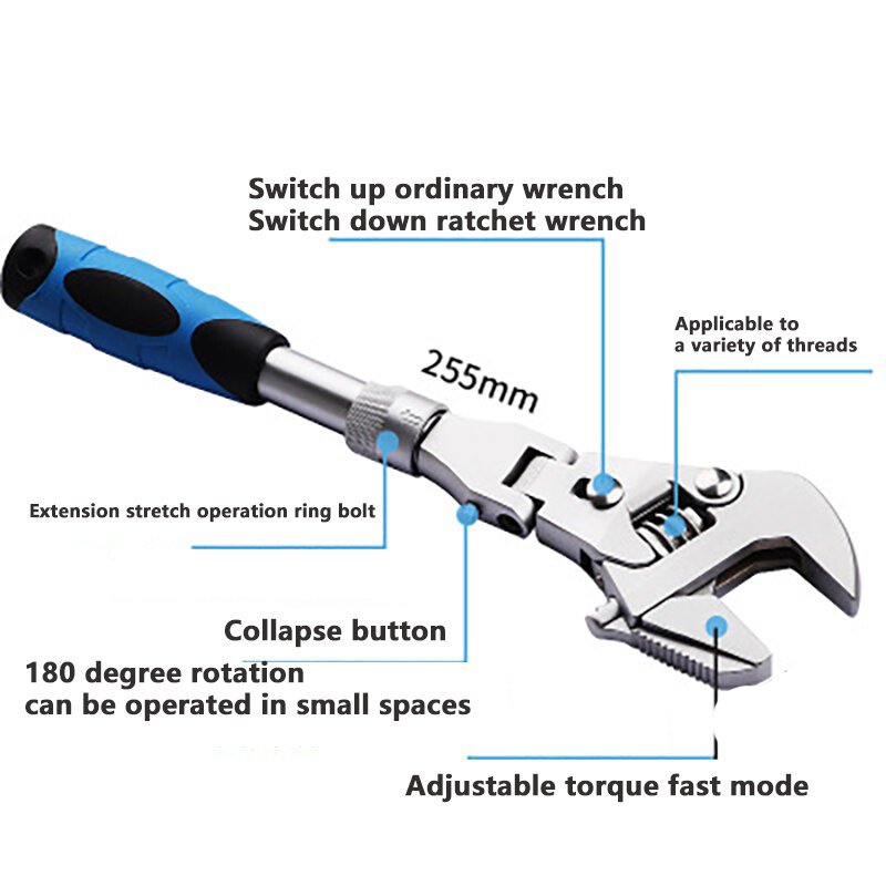 Llave de trinquete ajustable de 10 pulgadas, herramienta de reparación de llave de tubo 5 en 1, puede girar y plegar 180 grados