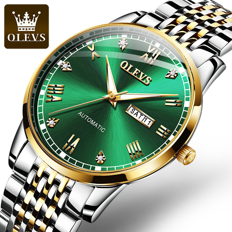 OLEVS stalowy pasek ze stali nierdzewnej zegarek dla mężczyzn automatyczny mechaniczny wodoodporny podwójny kalendarz w pełni automatyczne męskie zegarki na rękę