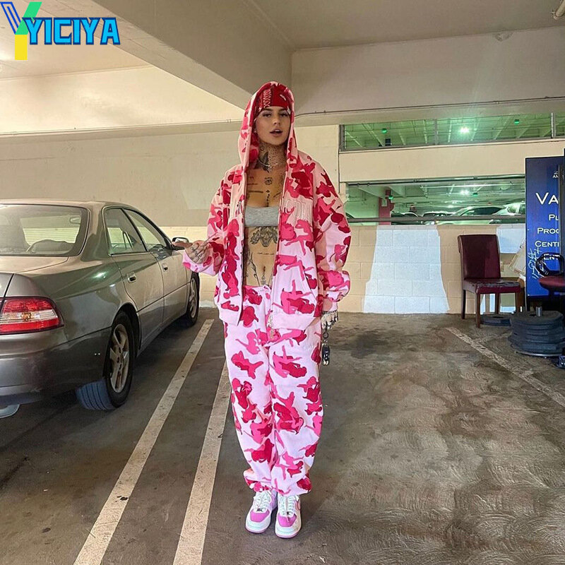 Женский спортивный костюм YICIYA, комплект из двух предметов, толстовка с капюшоном и штаны с принтом, одежда для улицы Y2K, спортивный костюм дл...