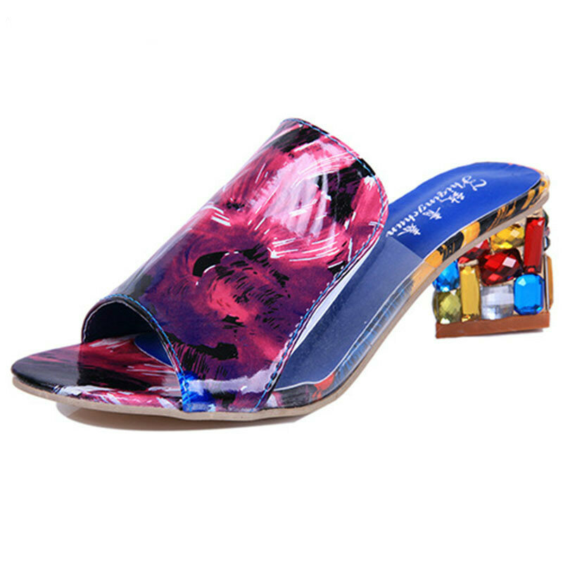 صندل كريستالي نسائي مفتوح الاصابع صنادل مربعة الكعب احذية الربيع والصيف صنادل احذية نسائية sandalia feminina