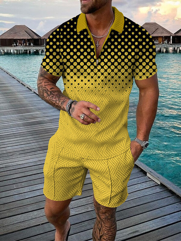 Agasalho masculino verão camisa polo de manga curta praia shorts 2 peça define streetwear oversized 3d impresso casual esportes terno 2022