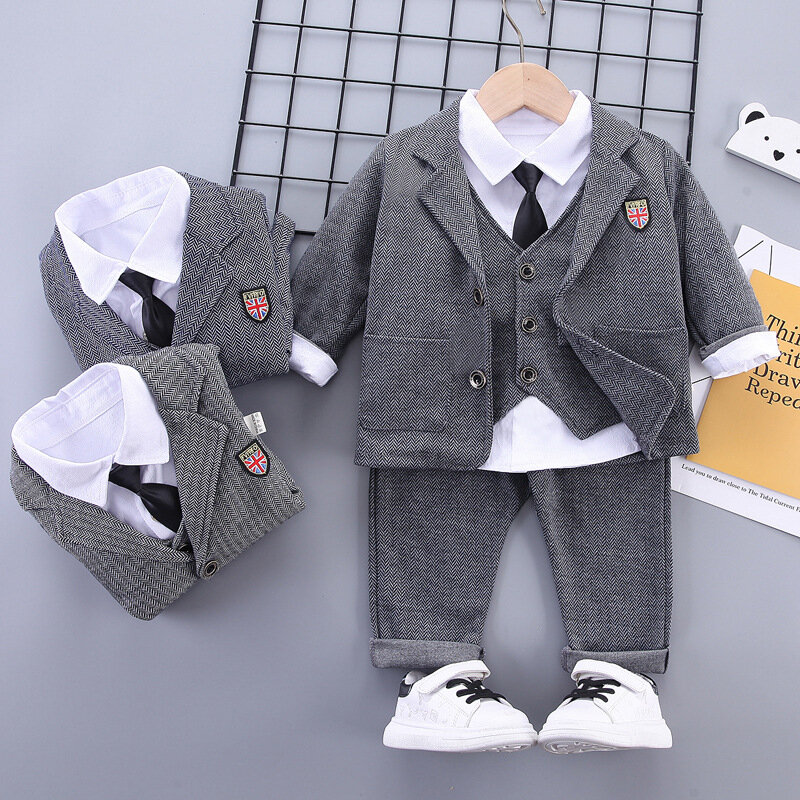 2023new baby boy fashion formal suit children's gentleman tie 3-piece suit spring and autumn long sleeve shirt + Jacket 0-4 yea