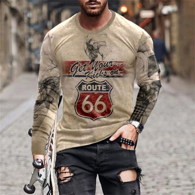 고품질 남성 긴 소매 패션 캐주얼 느슨한 Tshirt 3D 루트 66 인쇄 대형 스포츠 라운드 넥 탑, 펑크 스타일 티