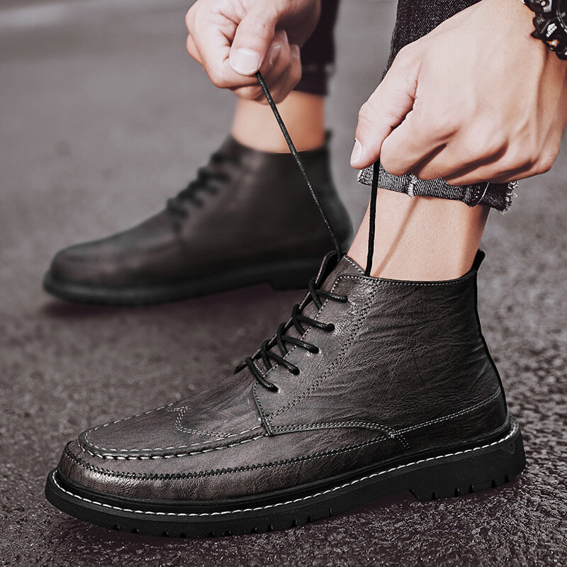 Sapatos masculinos outono botas de inverno estilo retro botas de tornozelo rendas botas casuais meados de-topo sapatos para homem resistente ao desgaste zapatos botas