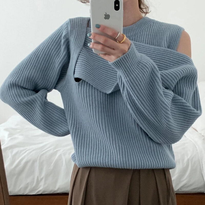 Abbigliamento donna maglione lavorato a maglia girocollo Patchwork irregolare maniche lunghe Casual moda coreana Baggy Ladies top autunno