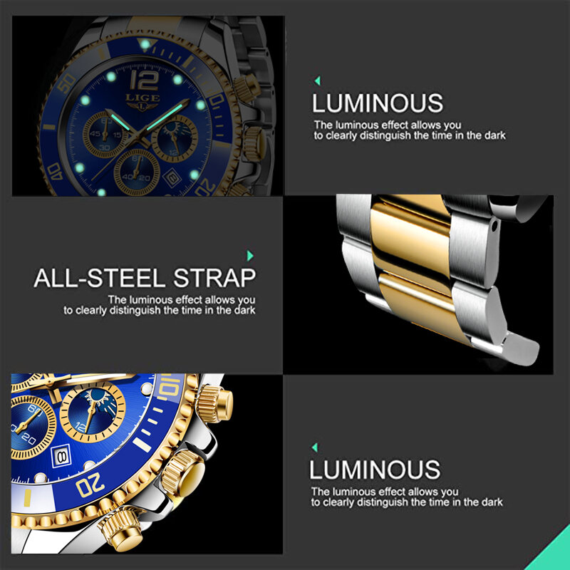 Часы наручные LIGE мужские с хронографом, повседневные спортивные брендовые Роскошные модные в стиле милитари, с датой