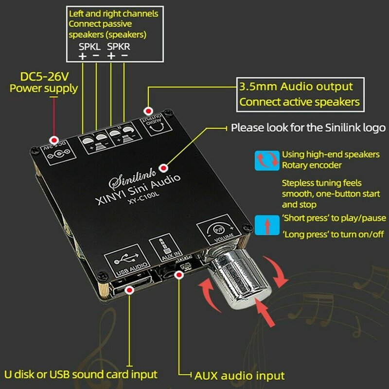 100 W HiFi bluetooth 5.0 Power Digital Amplifier Board 100W*2 Mini Stereo Audio Amp USB Black Home Theater Amplifiers DC 5-27 V
