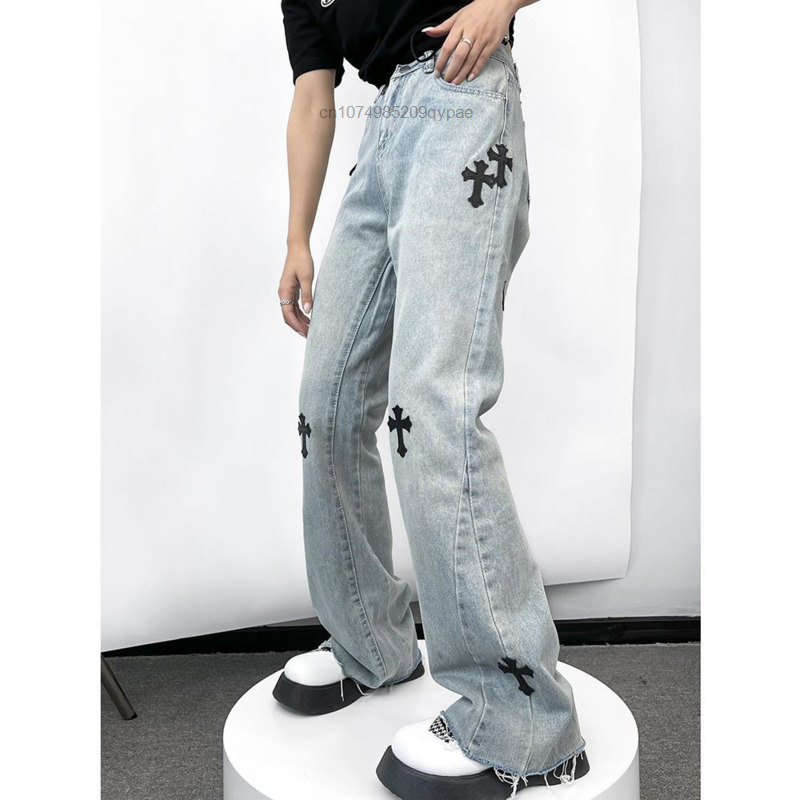 Neue y2k Cargo hose für Frauen bestickte Chrom Cross Hearts Jeans lose übergroße Hose weites Bein schlanke Boden schlepp hose