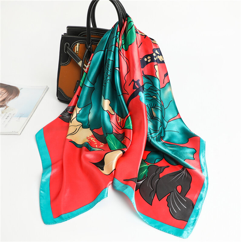 Luxury Brand Satin Silk Square Scarf Women Hijab Bandana Headband Female Print Hair Tie Band Shawls Bag Wrap Foulard 90*90cm