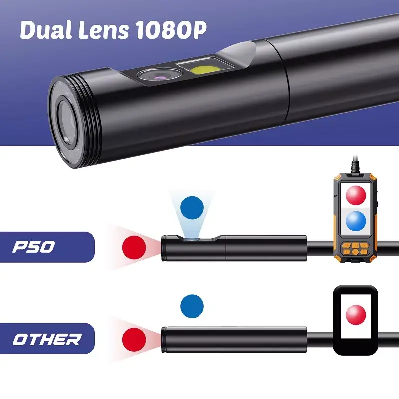 4.5” IPS Screen Dual Camera Inspection Endoscope Borescope HD1080P 8MM 5.5MM Dual Lens 9 LEDs IP68 Waterproof Rigid Cable P50
