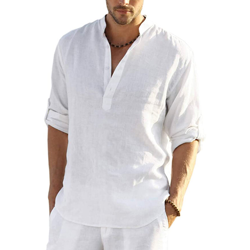 T-Shirt manches courtes à col roulé pour homme, Streetwear, décontracté, fin, en coton et lin, couleur unie