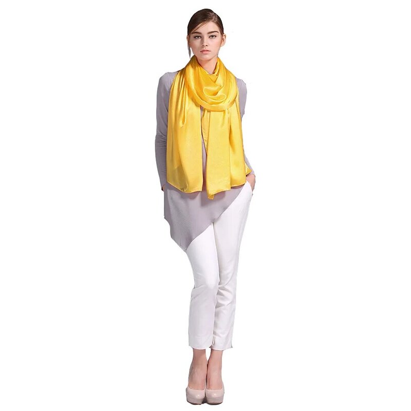 Bufanda larga de satén 100% de seda, pañuelo de seda de morera pura de Color liso, venta directa de fábrica en línea, tienda 35 amarilla, 55x180cm
