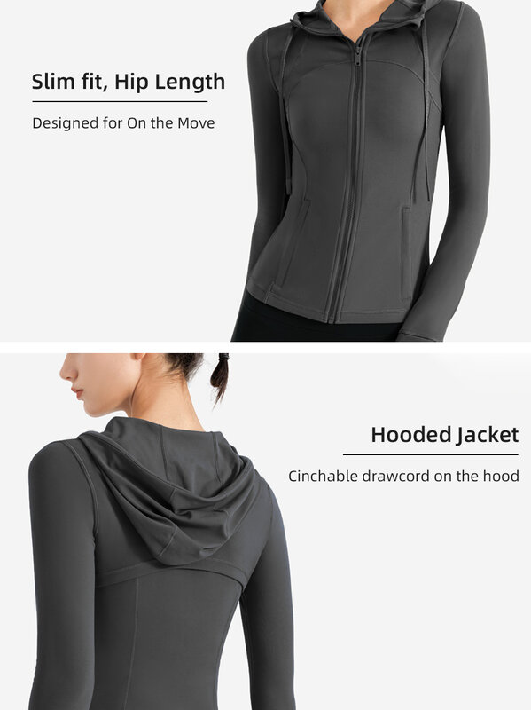 Jaket Yoga dengan Ritsleting Mantel Yoga Cepat Kering Lubang Jempol Bertudung Kaus Kebugaran Lengan Panjang Berlari Olahraga Gym Memakai untuk Wanita