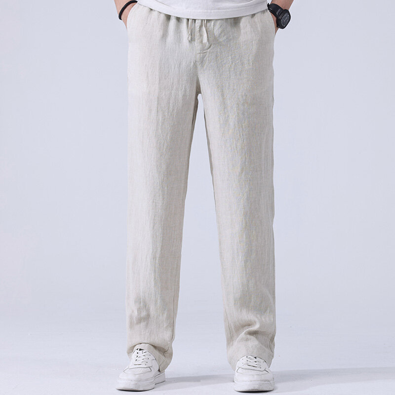Celana Panjang Warna Solid Linen Baru Musim Panas 2022 Celana Kasual Pria Tipis Longgar Lurus Pinggang Tinggi