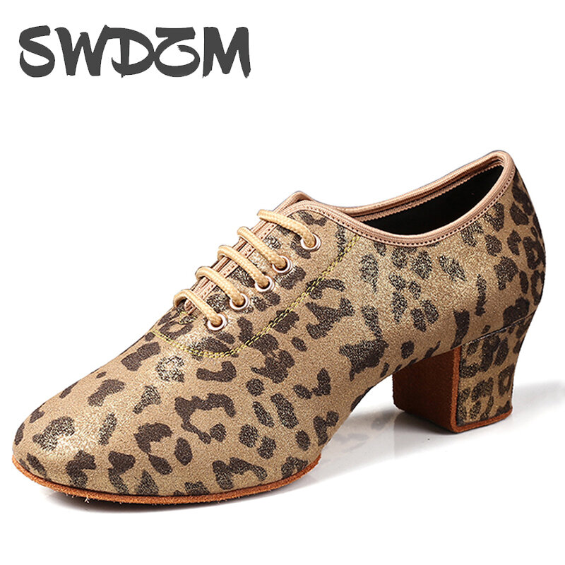 SWDZM ليوبارد طباعة المرأة قاعة الرقص أحذية كعب متوسط السيدات النساء أحذية الرقص اللاتينية الجاز التانغو ممارسة أحذية رقص