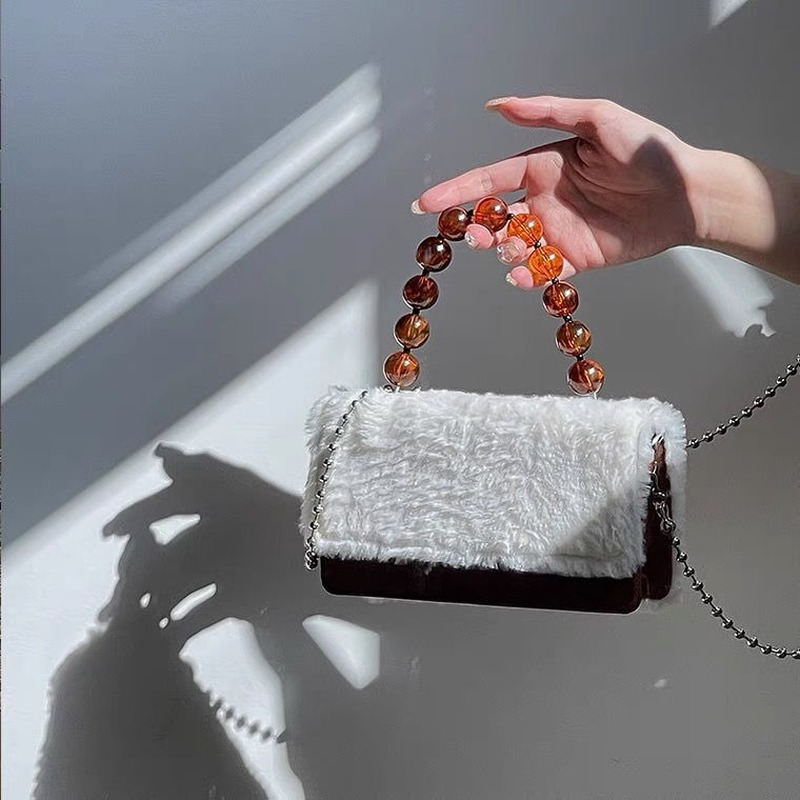 Xiuya Vintage Womens Shoulder Bag Tortoiseshell Beads Handbags 2021 Winter Cute Fur Messenger Bag For Phone Coin Purse Wallet