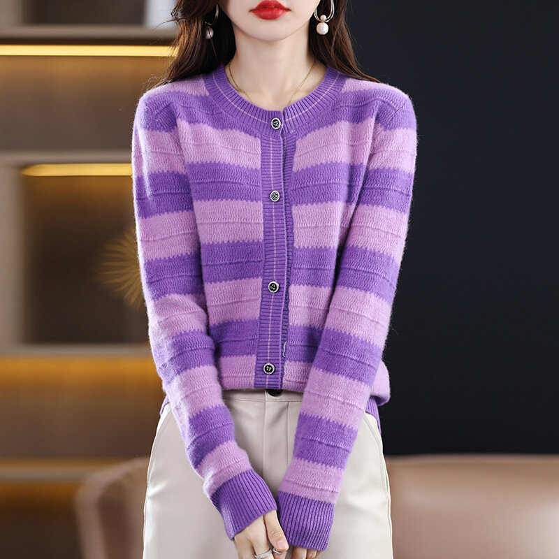 New Autumn And Winter 100% Wool Knitted Women's Round Neck Cardigan Slim Coat Long Sleeve Sweater Base Loose Outside