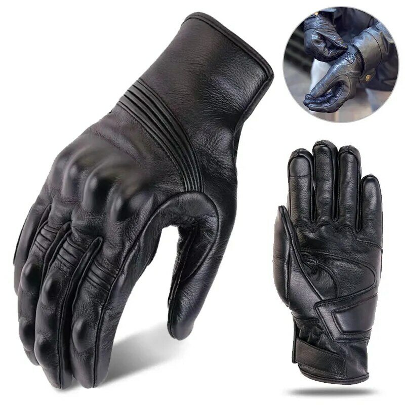 Guantes de motocicleta transpirables de dedo completo de cuero para hombre, guantes de pantalla táctil para motocicleta, ATV, ciclismo, ajuste de cuatro estaciones