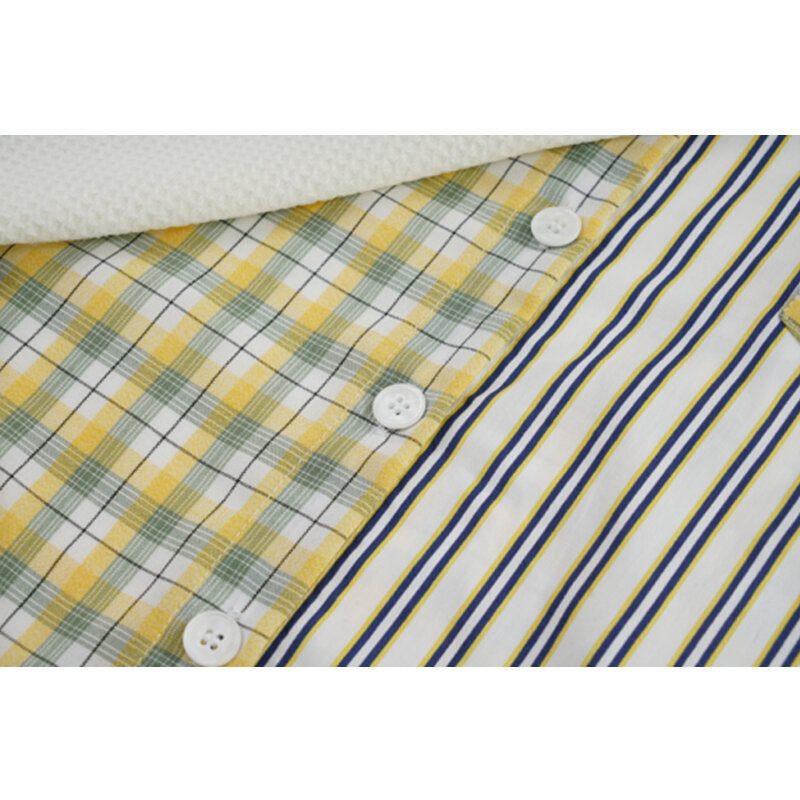 Listrado costura xadrez camisa feminina primavera retro hong kong estilo design solto xale falso de duas peças de manga comprida blusa feminina
